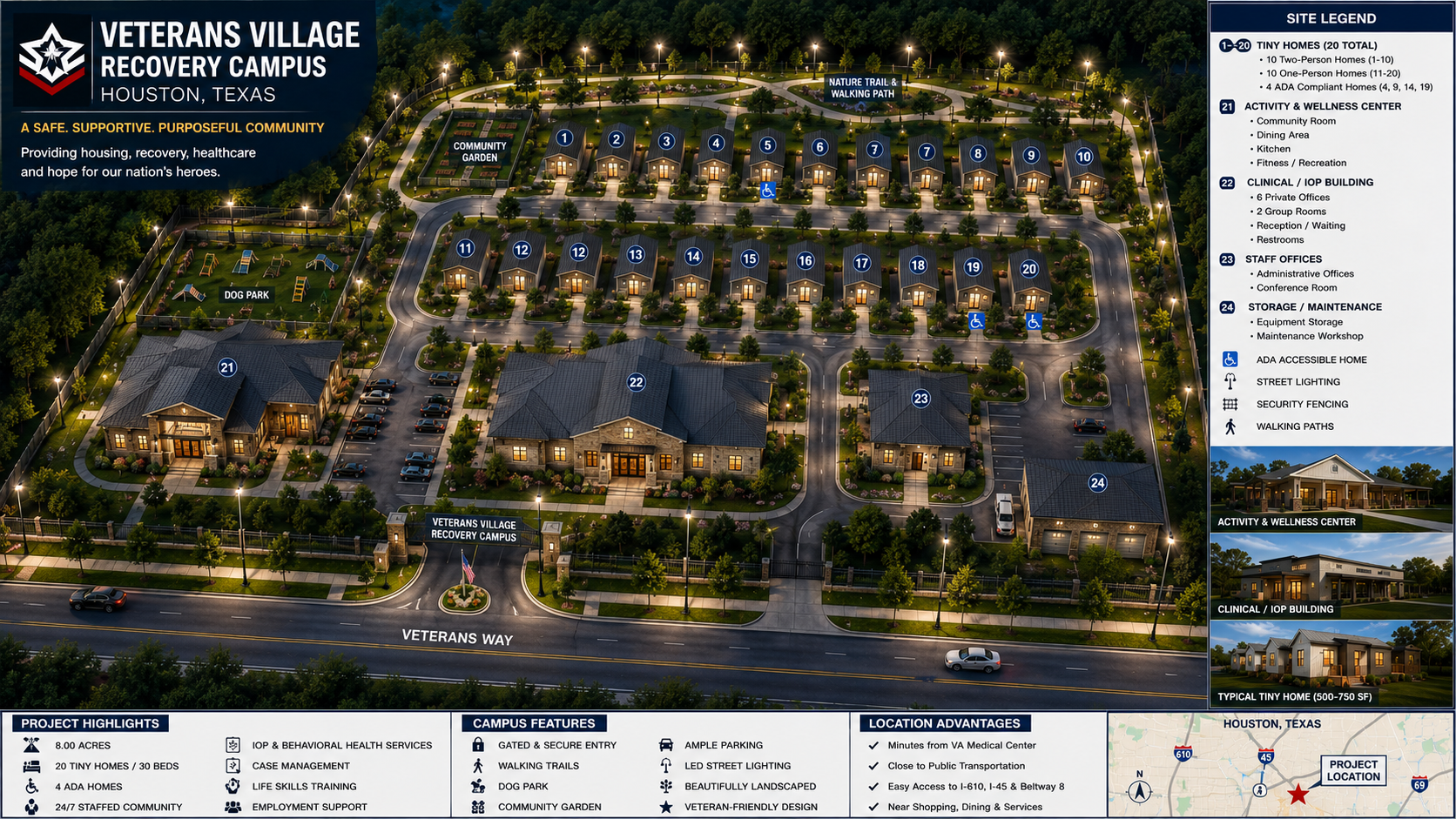 Aerial site plan of Valescere Veterans Village showing 20 tiny homes, activities building, office and IOP building, community garden, flag plaza, walking paths, and parking