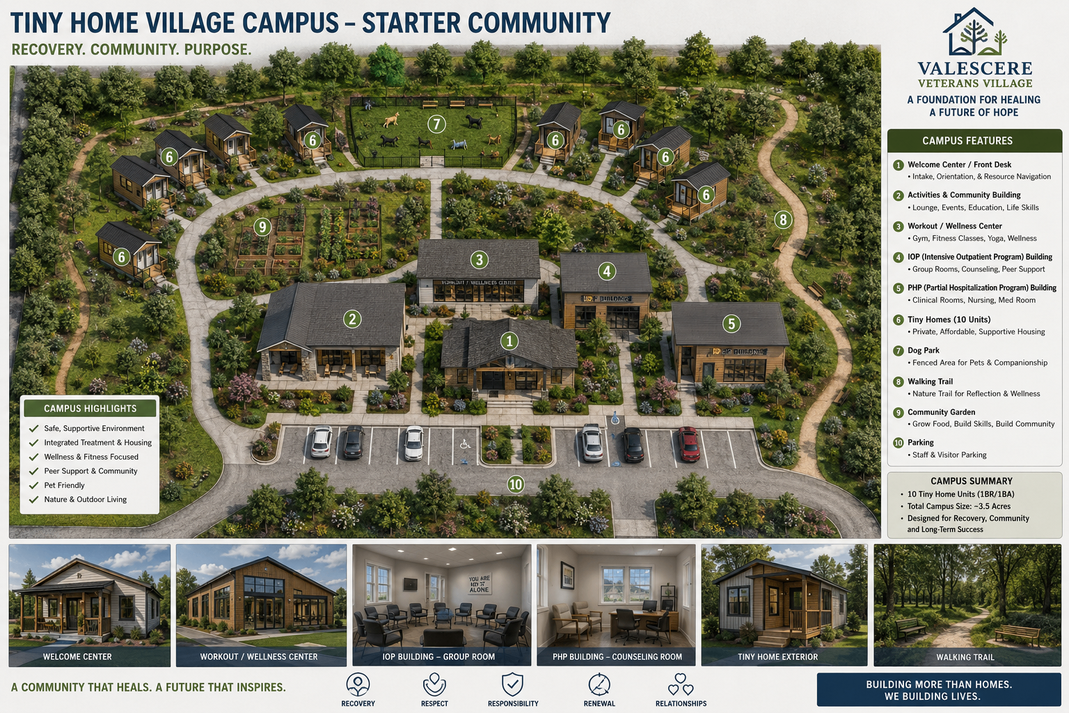 Aerial site plan of Valescere Veterans Village starter community with 10 tiny homes, welcome center, wellness center, IOP and PHP buildings, dog park, community garden, walking trail, and parking