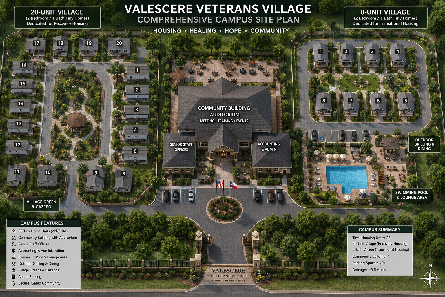 Aerial site plan showing both Valescere Veterans Community locations in the Houston, The Woodlands, and Conroe areas: the 20-unit recovery housing village and the 8-unit transitional housing village, with community buildings, shared amenities, and green space